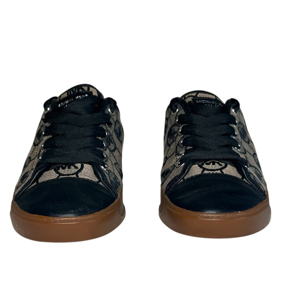 Michael Kors MK City Black and Brown Monogram Leather Canvas Sneakers Size 7.5 - Picture 3 of 12